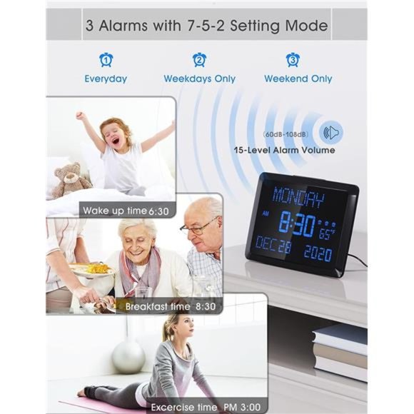 Digital Wall Clock, 11.5" Extra Large Display Calendar Alarm Day Clock with Date - Picture 5 of 6